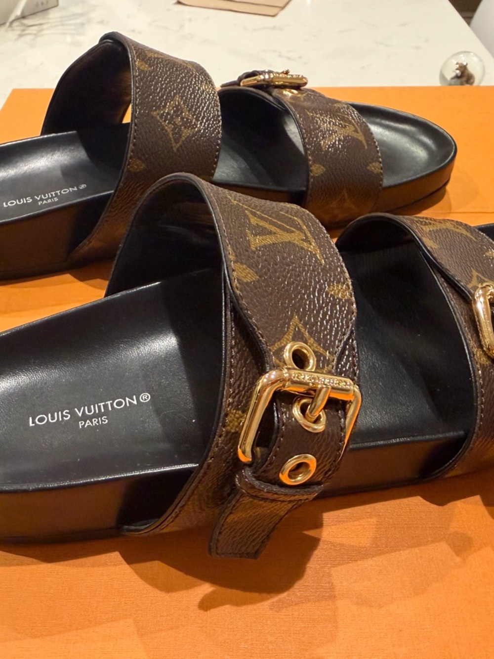 Authentic Louis Vuitton Brown Monogram Double-Strap Women’s Slide Sandals - Picture 2 of 5